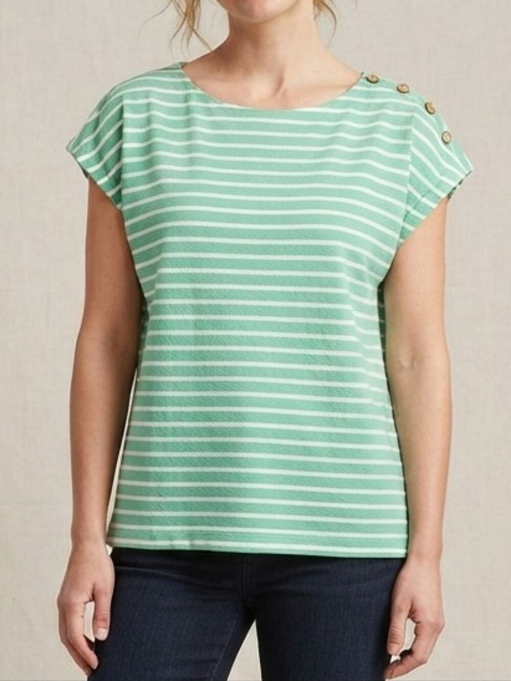 J. Jill Womens Large Green White Striped Cotton Boat Neck Button Shoulder Top